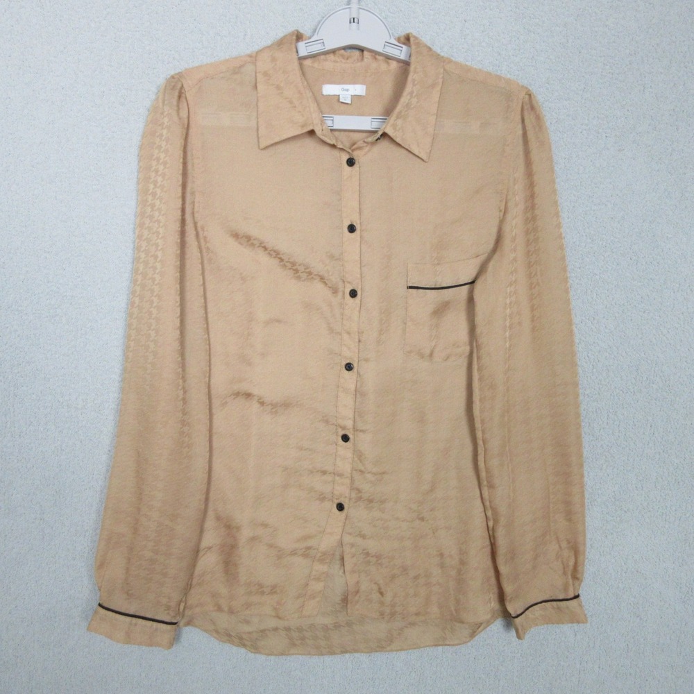 Gap Women's Button Up‎ Shirt Tan Houndstooth Print Long Sleeve Pocket Detail M